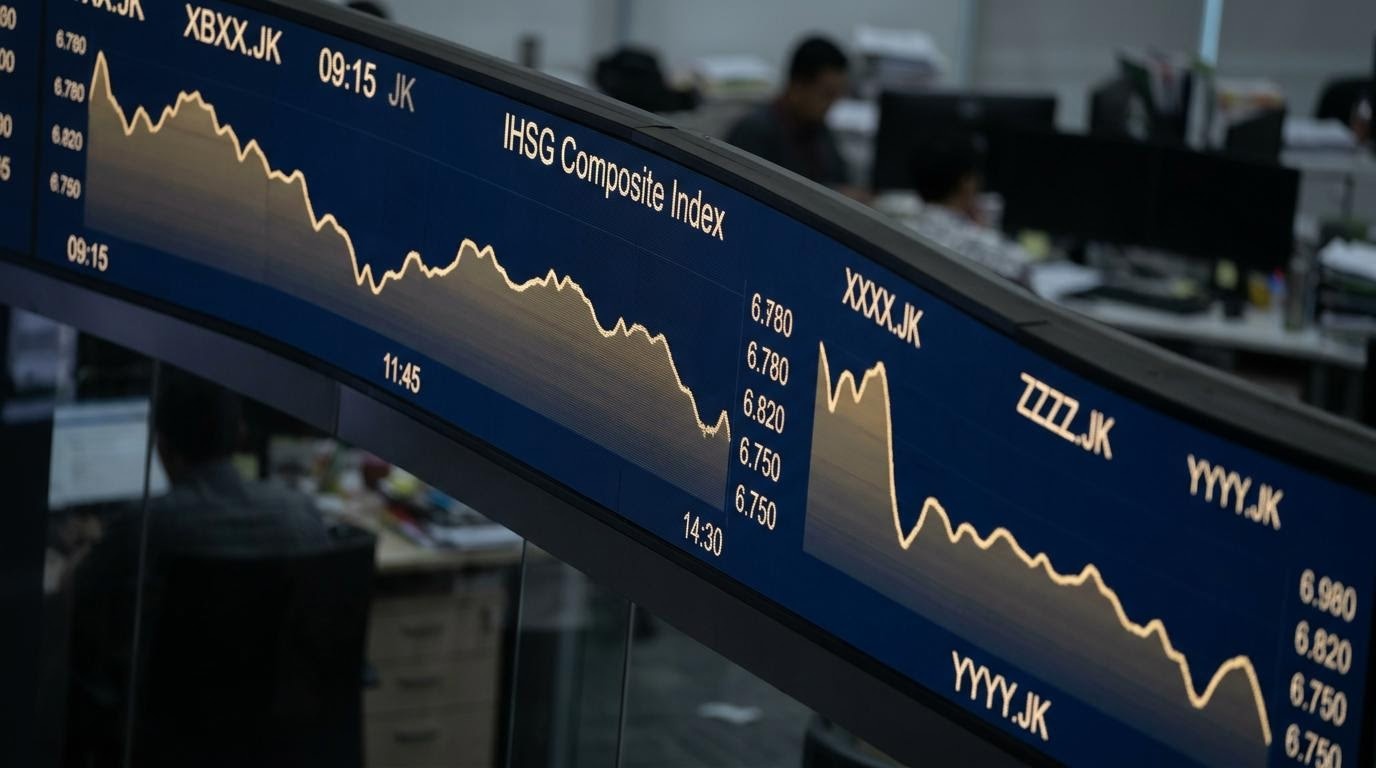 Layar besar menampilkan grafik indeks harga saham gabungan harian
